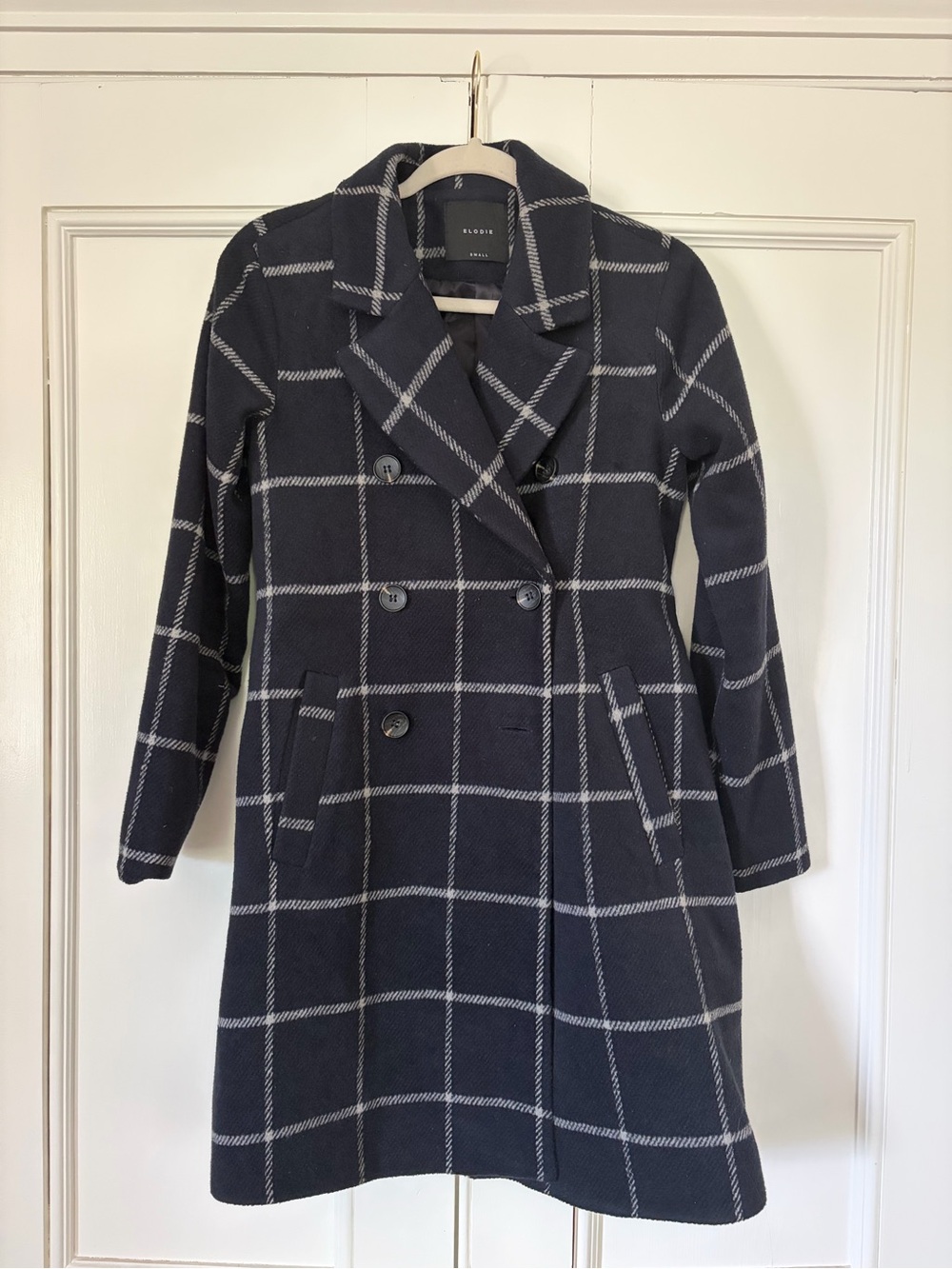 Elodie Navy Windowpane Double-Breasted Pea Coat